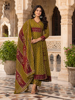 BERRYLICIOUS - Women's Cotton Printed Green Angarkha And Palazzo With Dupatta
