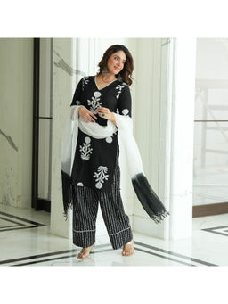 Urbanstree - Women's Cotton Floral Black Kurta And Pant With Dupatta