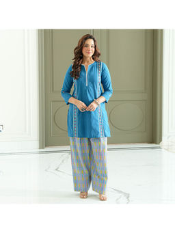 Urbanstree - Women's Cotton Embroidered Blue Co-Ord Set