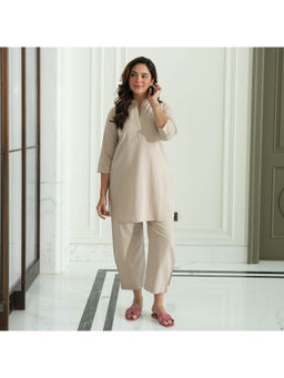 Urbanstree - Women's Cotton Solid Off White Co-Ord Set