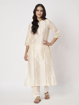 SILCHIC - Women Dupion Silk Solid Beige Kurta and Pant