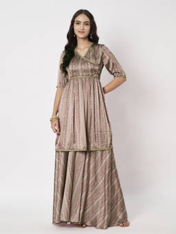SILCHIC - Women'S Satin Printed Brown Angrakha and Palazzo