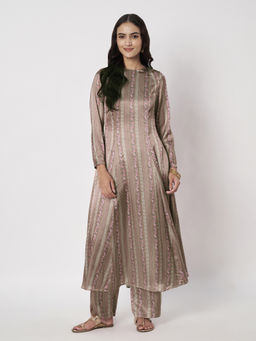 SILCHIC - Women'S Satin Printed Brown Kurta and Pant