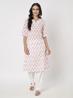 SILCHIC - Women Cotton Floral White Kurta and Pant