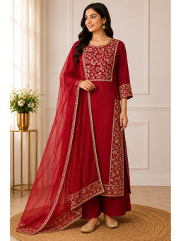 SILCHIC - Women's Dupion Silk Floral Maroon Kurta And Pant With Dupatta