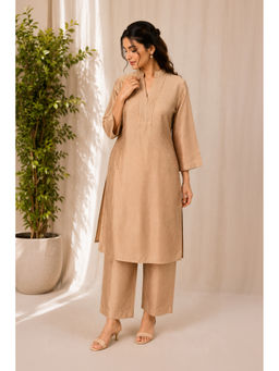 SILCHIC - Women'S Dupion Silk Solid Beige Kurta and Pant