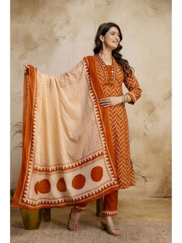 BERRYLICIOUS - Women's Cotton Printed Orange Anarkali And Pant With Dupatta