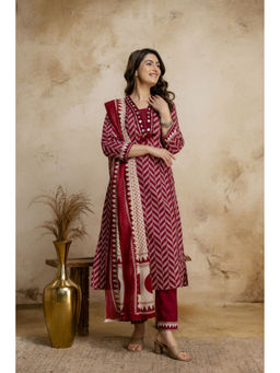 BERRYLICIOUS - Women's Cotton Printed Wine Anarkali And Pant With Dupatta