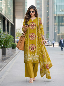 BERRYLICIOUS - Women's Cotton Printed Mustard Kurta And Pant With Dupatta