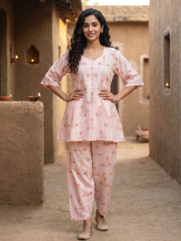Mabish By Sonal Jain - Women's Cotton Floral Pink Co-Ord Set