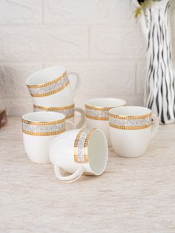JCPL - Fine Ceramic White Printed Skylight Cup, Mug For Tea, Coffee Set Of 6- 180 Ml Each