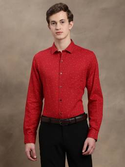 Turtle - Men Cotton Linen Slim Fit Printed Red Formal Shirt