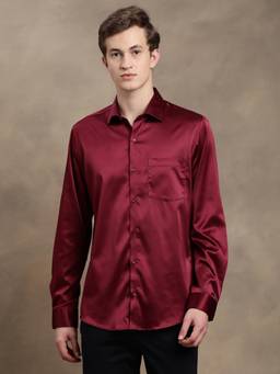 Turtle - Men Poly Satin Slim Fit Solid Maroon Party Shirt