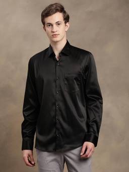 Turtle - Men Poly Satin Slim Fit Solid Black Party Shirt