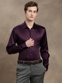 Turtle - Men Poly Satin Slim Fit Solid Purple Party Shirt