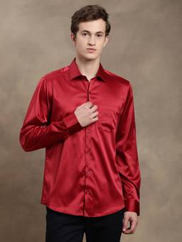 Turtle - Men Poly Satin Slim Fit Solid Red Party Shirt