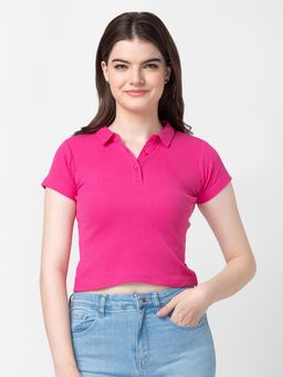 Spykar - Women Fuchsia Pink Cotton Printed Crop Top