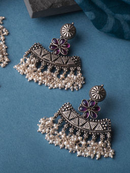 Divas Mantra - 92.5 Silver Oxidised THE CAN - CAN Red Spinel Stones and Pearls Dangler Earrings