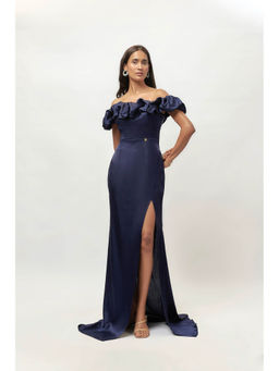 EMBLAZE - Navy Blue Ruffle Off Shoulder Gown