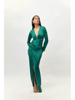 EMBLAZE - Teal Green Drape Full Sleeve Satin Dress