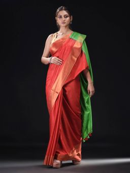 Beatitude - Red Slub Cotton Woven Saree with Golden Border with Unstitched Blouse