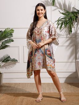 Aditi Wasan - White Red Printed Georgette Kaftan Dress