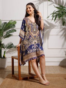 Aditi Wasan - Blue Printed Poly Silk Kaftan Dress