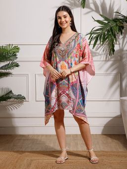 Aditi Wasan - Pink Printed Poly Silk Kaftan Dress
