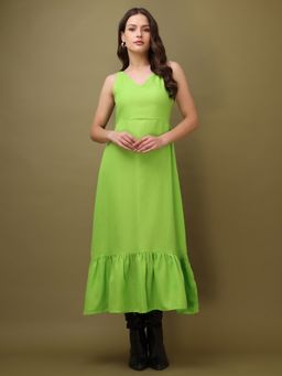 PURVAJA - Solid A-Line Green Flared Dress