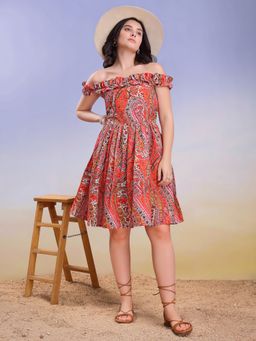 PURVAJA - Printed Ruffled Paisley Red Fit Flare Dress