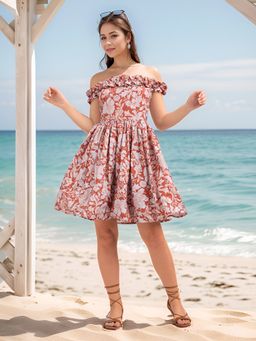 PURVAJA - Printed Ruffled Floral Rust Fit and Flare Dress
