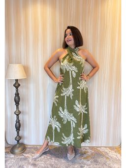 Label Tanvee - Olive Palm Grove Twist Halter Maxi Dress