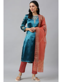 WISHFUL by W - Teal Floral Kurta, Slim Pant, Dupatta (Set of 3)