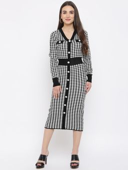 IKI CHIC - V- Neck Houndstooth Woollen Midi Dress