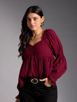 Twenty Dresses by Nykaa Fashion - Wine Self Design Square Neck Ruffled Top