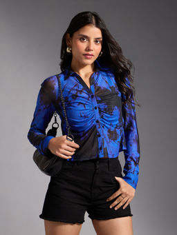 Twenty Dresses by Nykaa Fashion - Blue and Black Abstract Printed Gathered Fitted Mesh Top