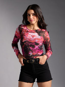 Twenty Dresses by Nykaa Fashion - Pink and Maroon Abstract Printed Round Neck Fitted Mesh Top