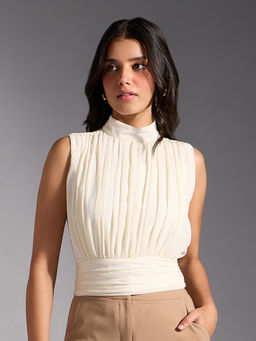 Twenty Dresses by Nykaa Fashion - Cream Solid High Neck Sleeveless Short Top