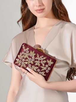 Lavie Signature - Maroon Womens Golden Embroidery Frame Clutch (L)