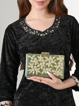 Lavie Signature - Green Womens Golden Embroidery Frame Clutch (L)