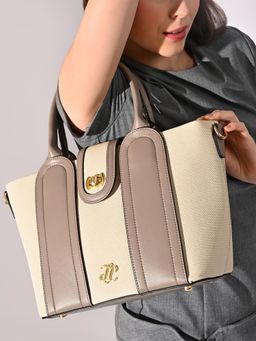 Lavie Signature - Beige Synthetic Leather Colorblock Handbag with Detachable Strap
