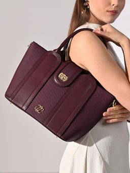 Lavie Signature - Wine Synthetic Leather Solid Handbag with Detachable Strap