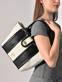 Lavie Signature - Off White Synthetic Leather Colorblock Handbag with Detachable Strap