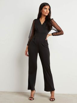 Styli - Black Flocked Spot Mesh Sleeves Wrap Jumpsuit With Zip Closure