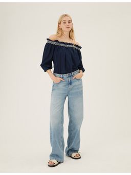 Marks & Spencer - Navy Pure Cotton Embroidered Off The Shoulder Blouse