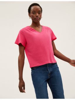 Marks & Spencer - Pink Linen Rich V-Neck Smocked Detail T-Shirt