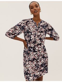 Marks & Spencer - Black Multicolour Printed Round Neck Knee Length Shift Dress