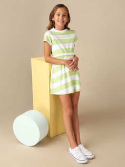 U.S. POLO ASSN. - Girls Green Striped Fit and Flare Dress