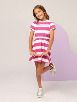 U.S. POLO ASSN. - Girls Pink Striped Fit and Flare Dress