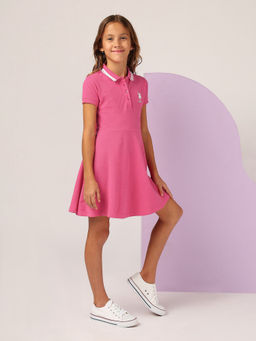 U.S. POLO ASSN. - Girls Pink Solid Fit and Flare Polo Dress